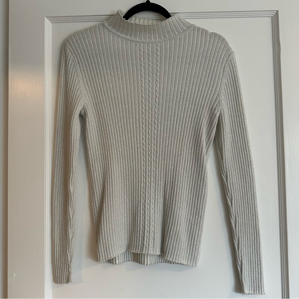 Vintage Liz Claiborne Mockneck White Shimmer Knit Sweater Y2K Cotton Size S